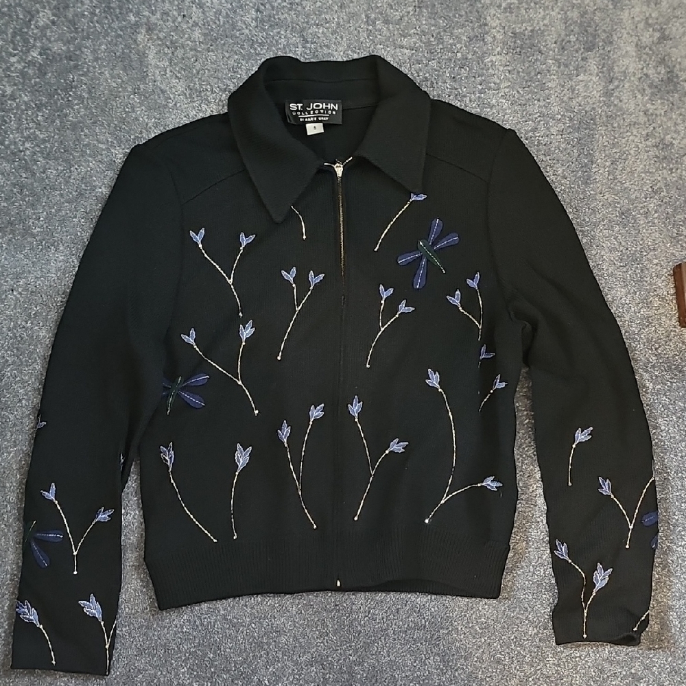 St. John Collection Black Zip-Front Jacket with Dragonfly Embroidery-Beautiful! - Picture 2 of 6